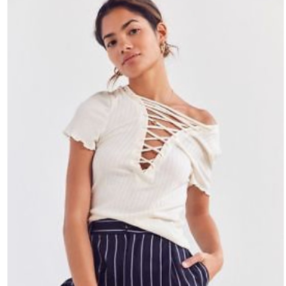 Project Social T Tops - Project Social T Lace-Up Tee in Taupe